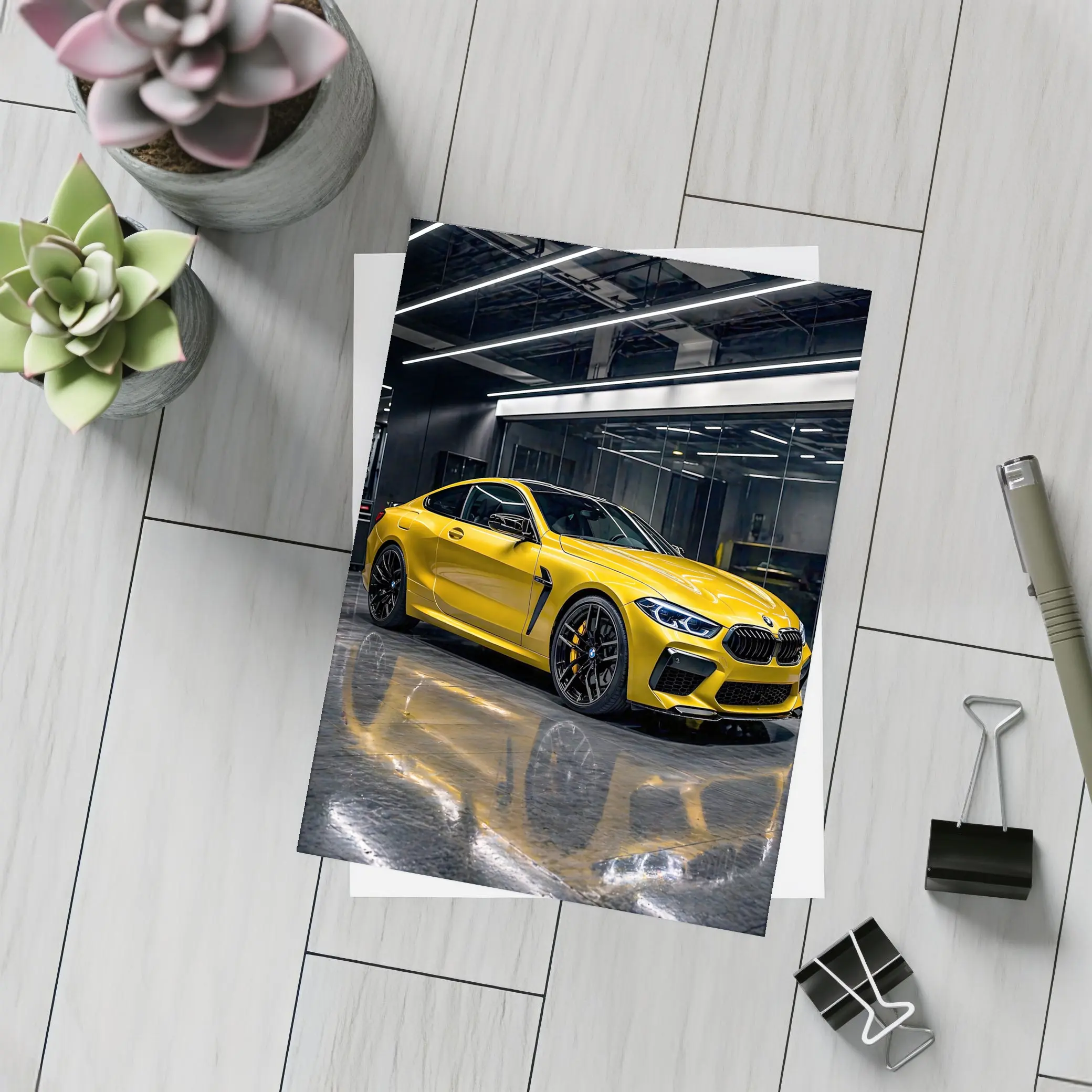 Yellow BMW M8 Parked in Dark Garage – Postcards