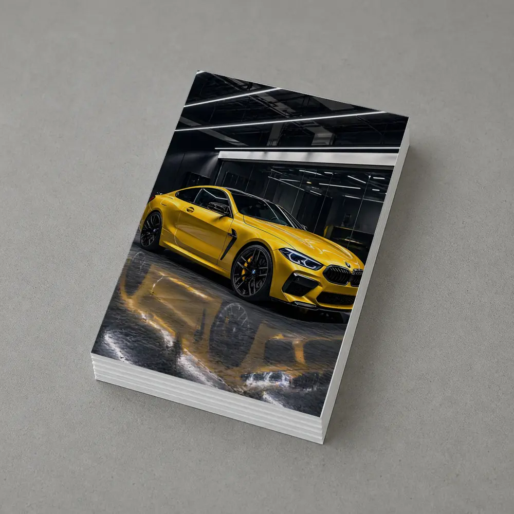 Yellow BMW M8 Parked in Dark Garage – Postcards