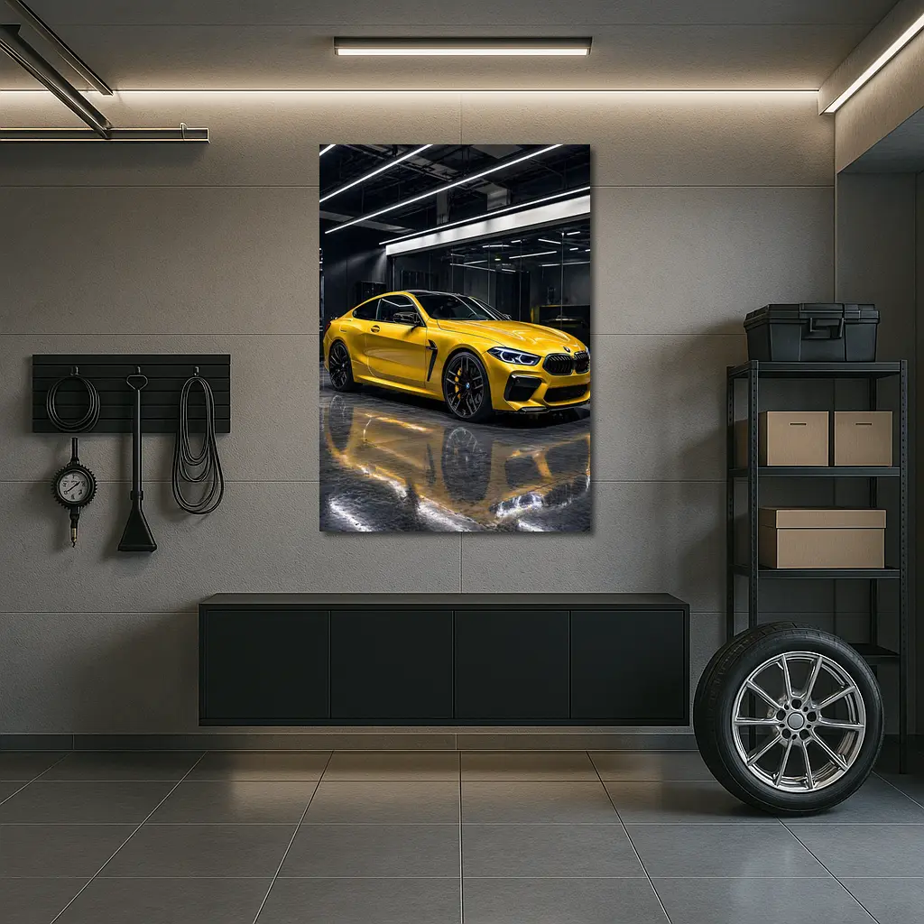 Yellow BMW M8 Parked in Dark Garage – Wall Art