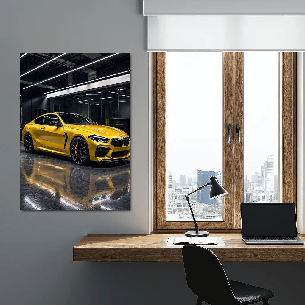 Yellow BMW M8 Parked in Dark Garage – Wall Art