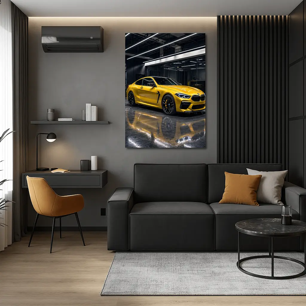 Yellow BMW M8 Parked in Dark Garage – Wall Art