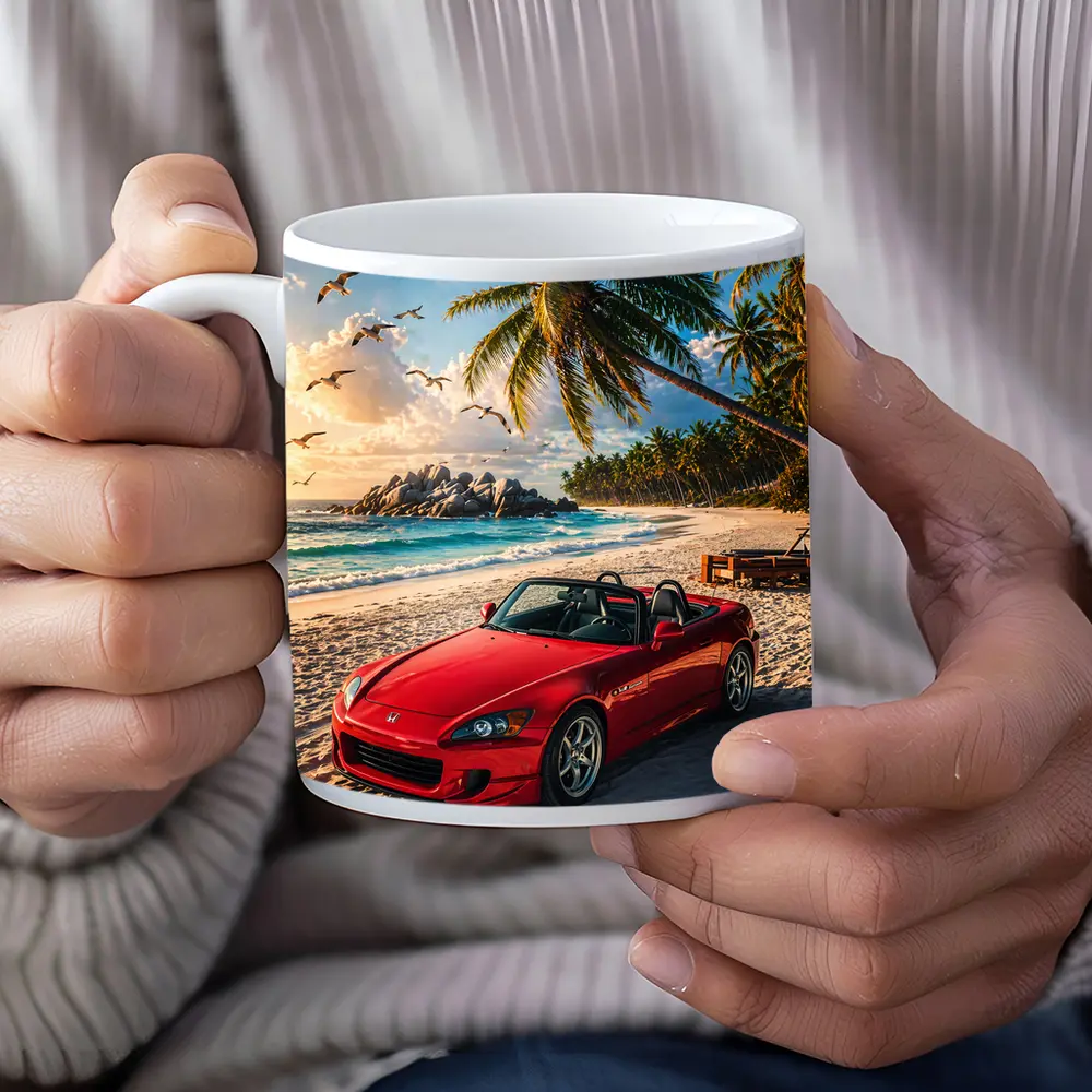 Red Honda S2000 Parked on Tropical Beach – Mugs