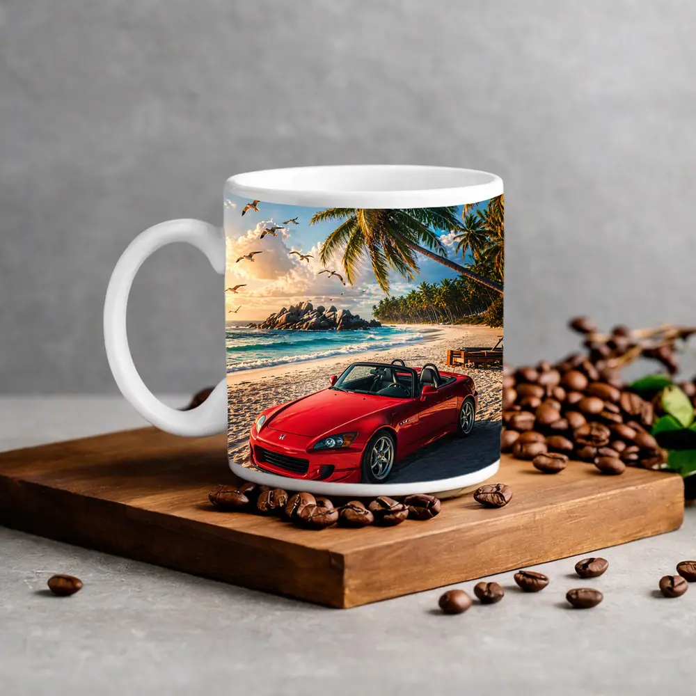 Red Honda S2000 Parked on Tropical Beach – Mugs