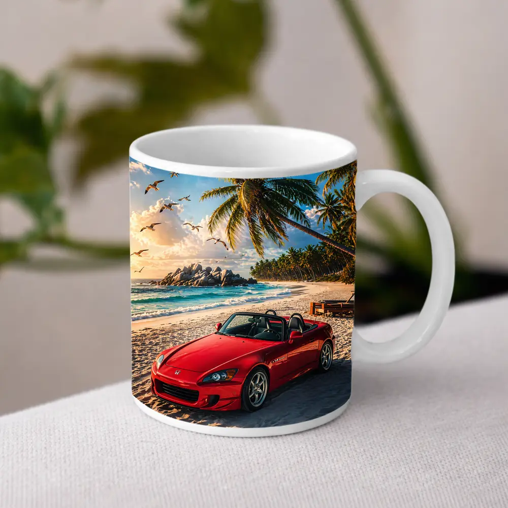 Red Honda S2000 Parked on Tropical Beach – Mugs