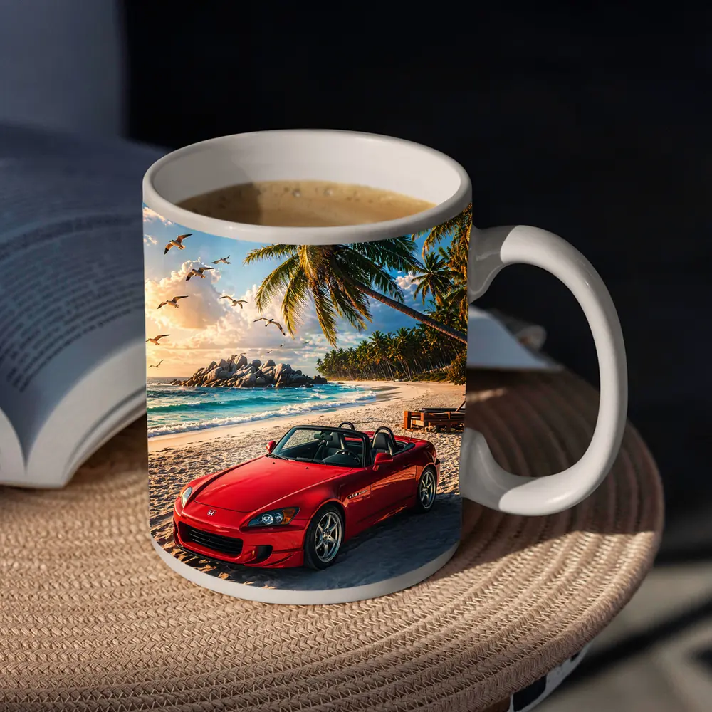 Red Honda S2000 Parked on Tropical Beach – Mugs