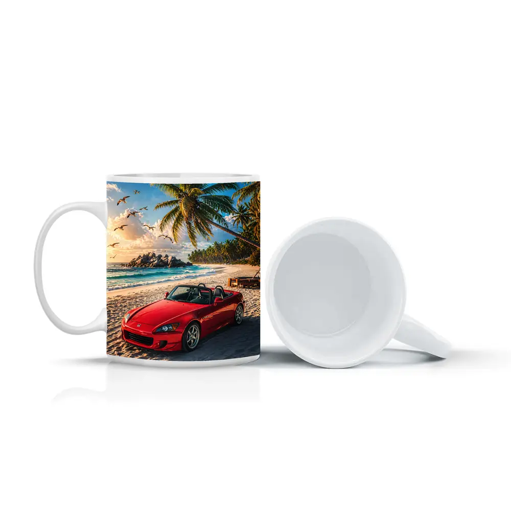 Red Honda S2000 Parked on Tropical Beach – Mugs