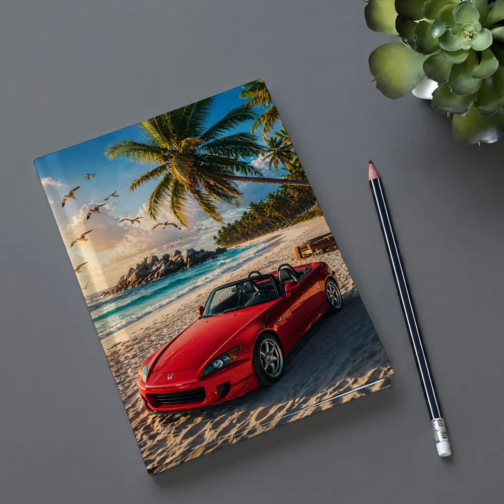 Red Honda S2000 Parked on Tropical Beach – Notebooks