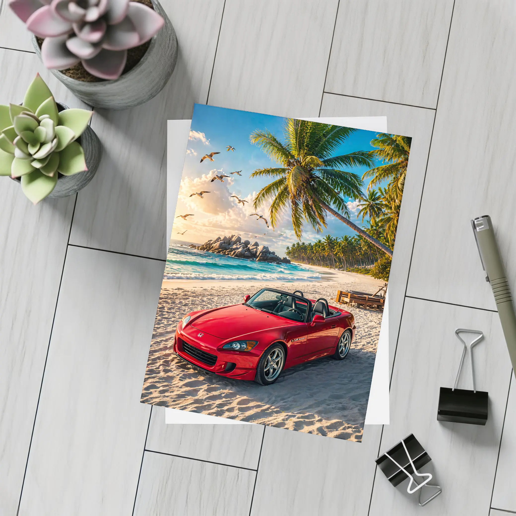 Red Honda S2000 Parked on Tropical Beach – Postcards