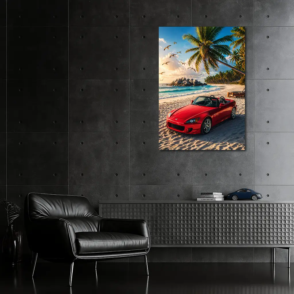 Red Honda S2000 Parked on Tropical Beach – Wall Art