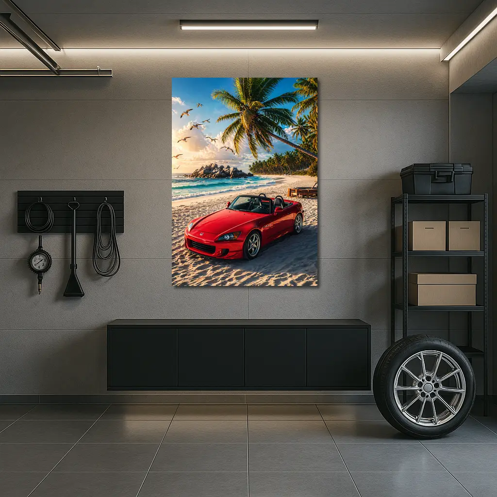 Red Honda S2000 Parked on Tropical Beach – Wall Art