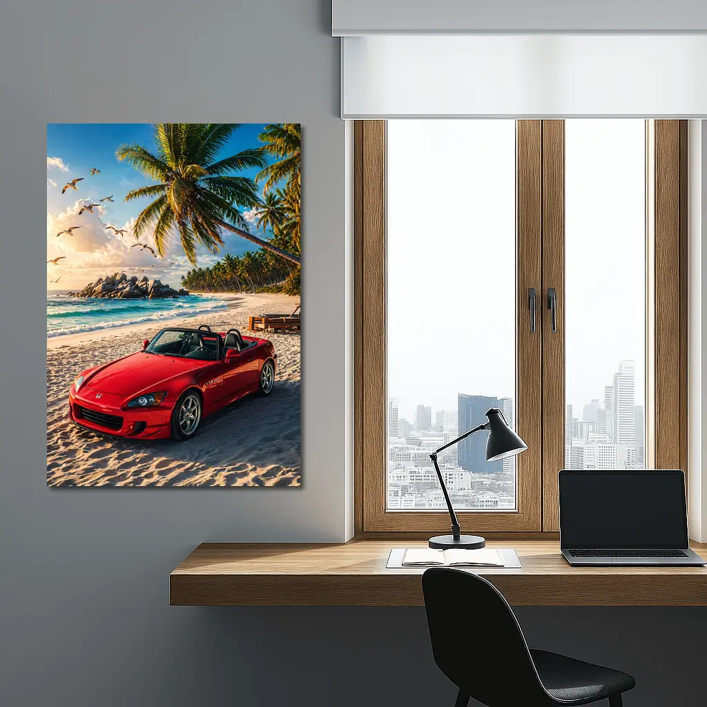 Red Honda S2000 Parked on Tropical Beach – Wall Art