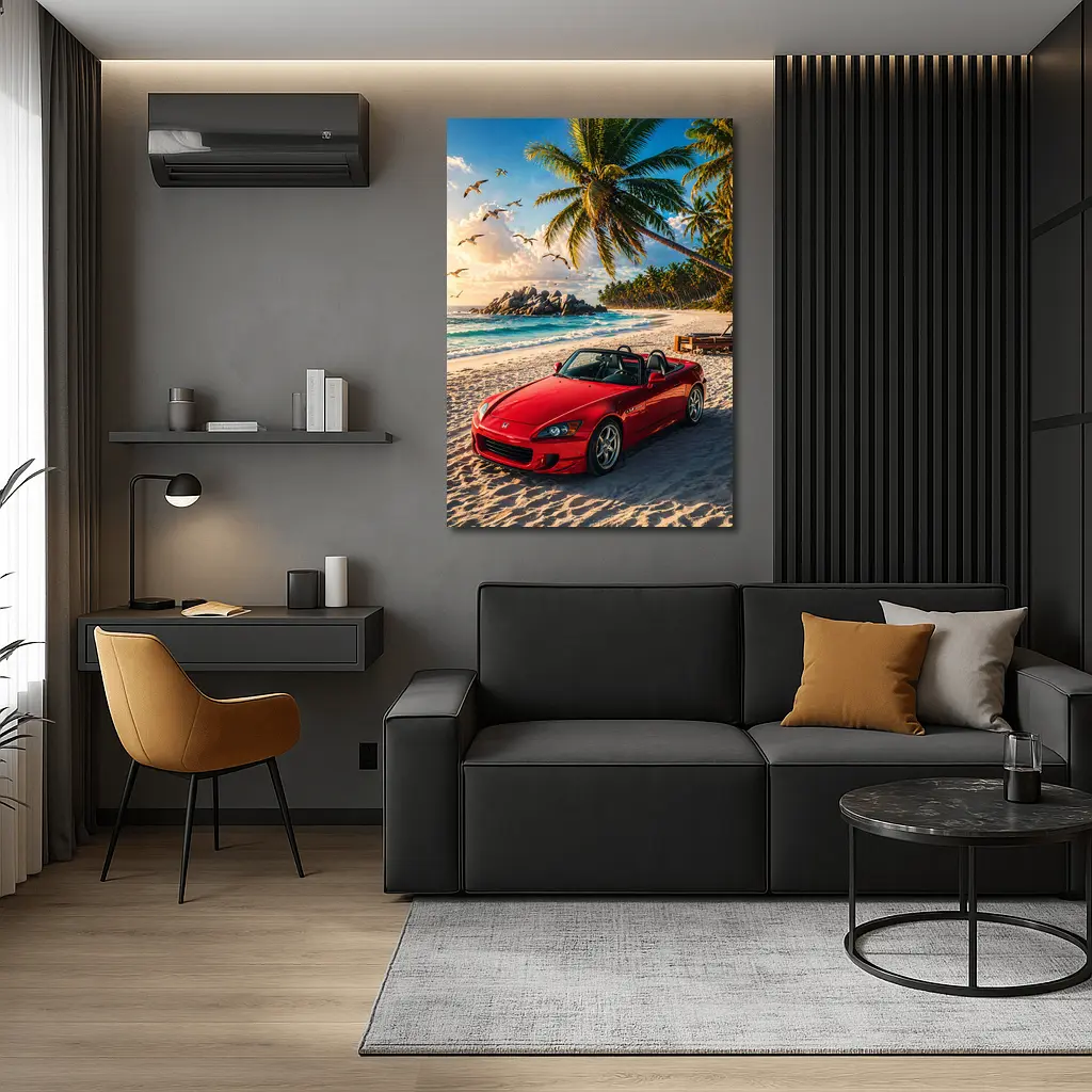 Red Honda S2000 Parked on Tropical Beach – Wall Art