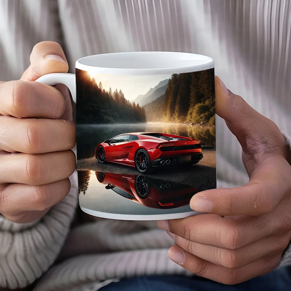 Red Lamborghini Huracan Forest Lake Reflection – Mugs