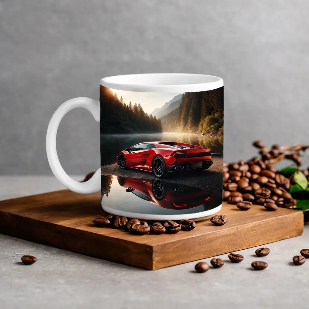 Red Lamborghini Huracan Forest Lake Reflection – Mugs