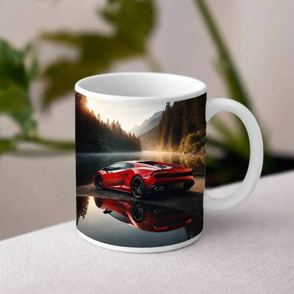 Red Lamborghini Huracan Forest Lake Reflection – Mugs