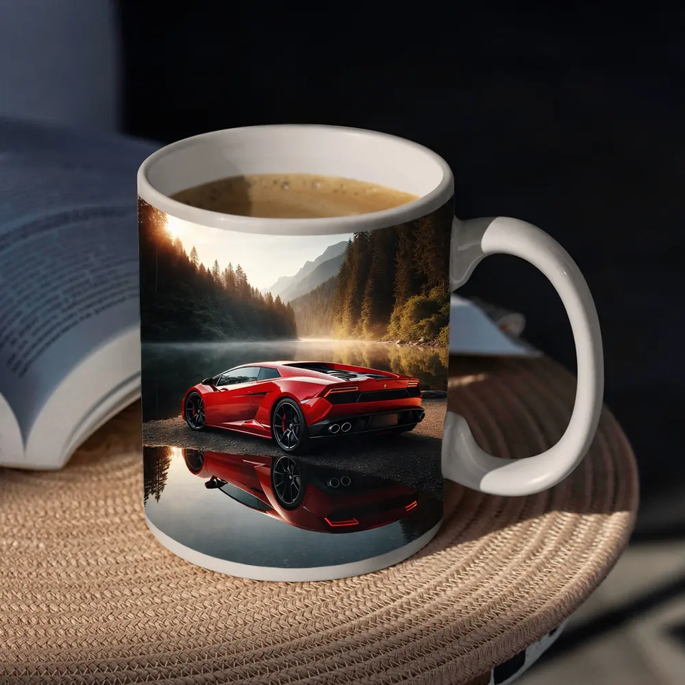 Red Lamborghini Huracan Forest Lake Reflection – Mugs