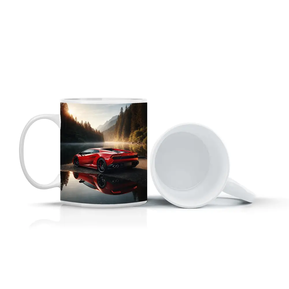 Red Lamborghini Huracan Forest Lake Reflection – Mugs