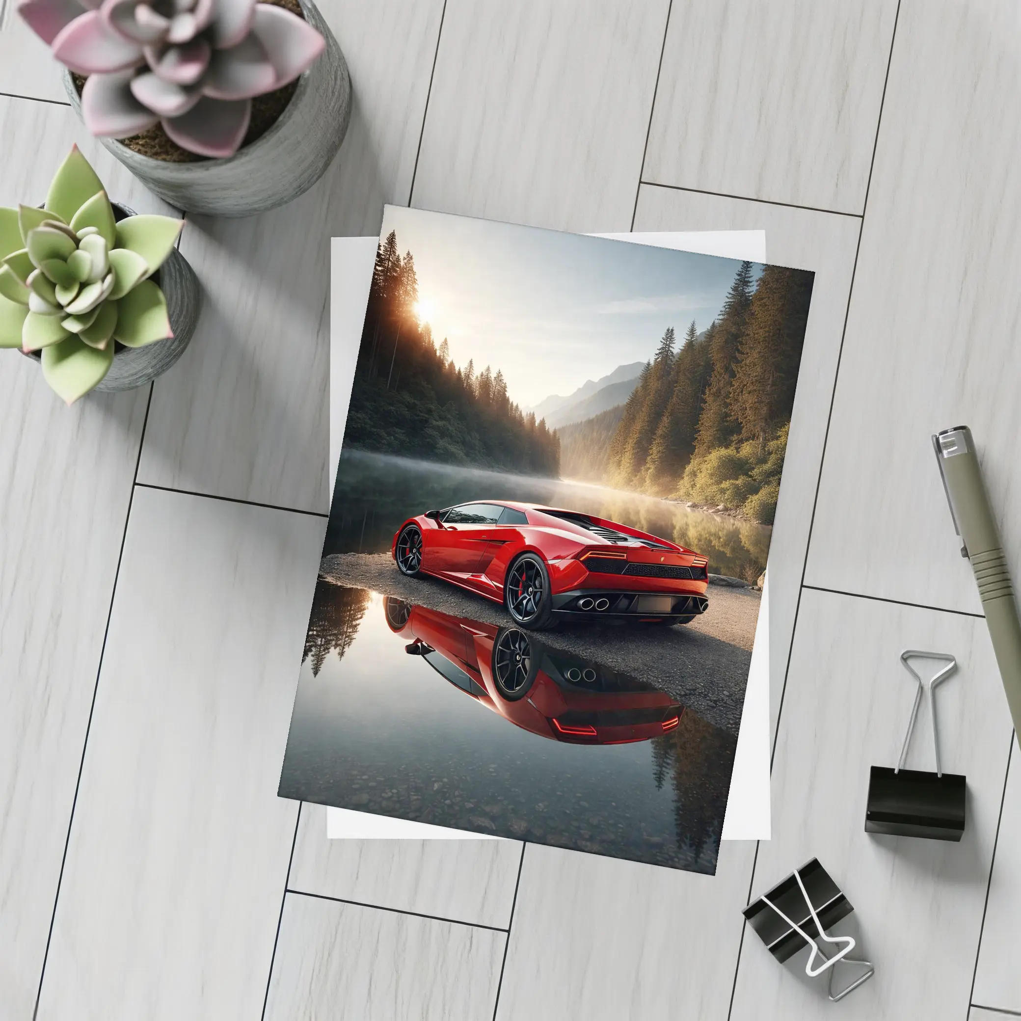 Red Lamborghini Huracan Forest Lake Reflection – Postcards