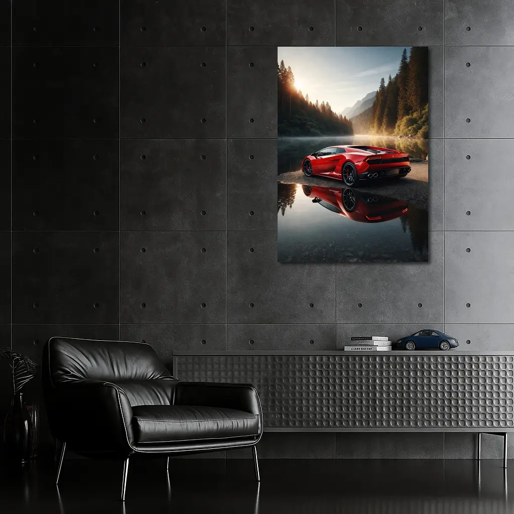 Red Lamborghini Huracan Forest Lake Reflection – Wall Art