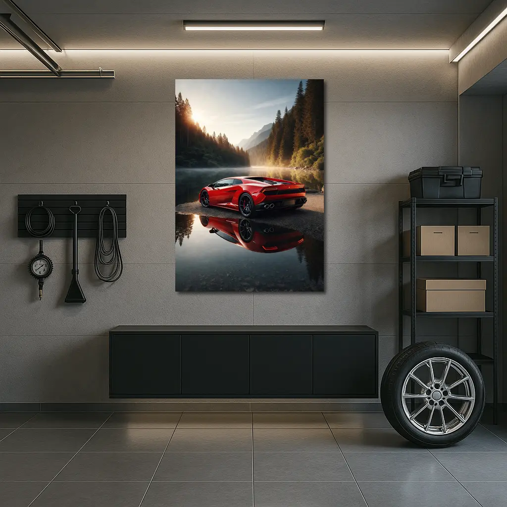 Red Lamborghini Huracan Forest Lake Reflection – Wall Art