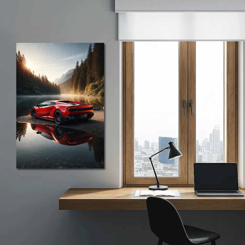 Red Lamborghini Huracan Forest Lake Reflection – Wall Art
