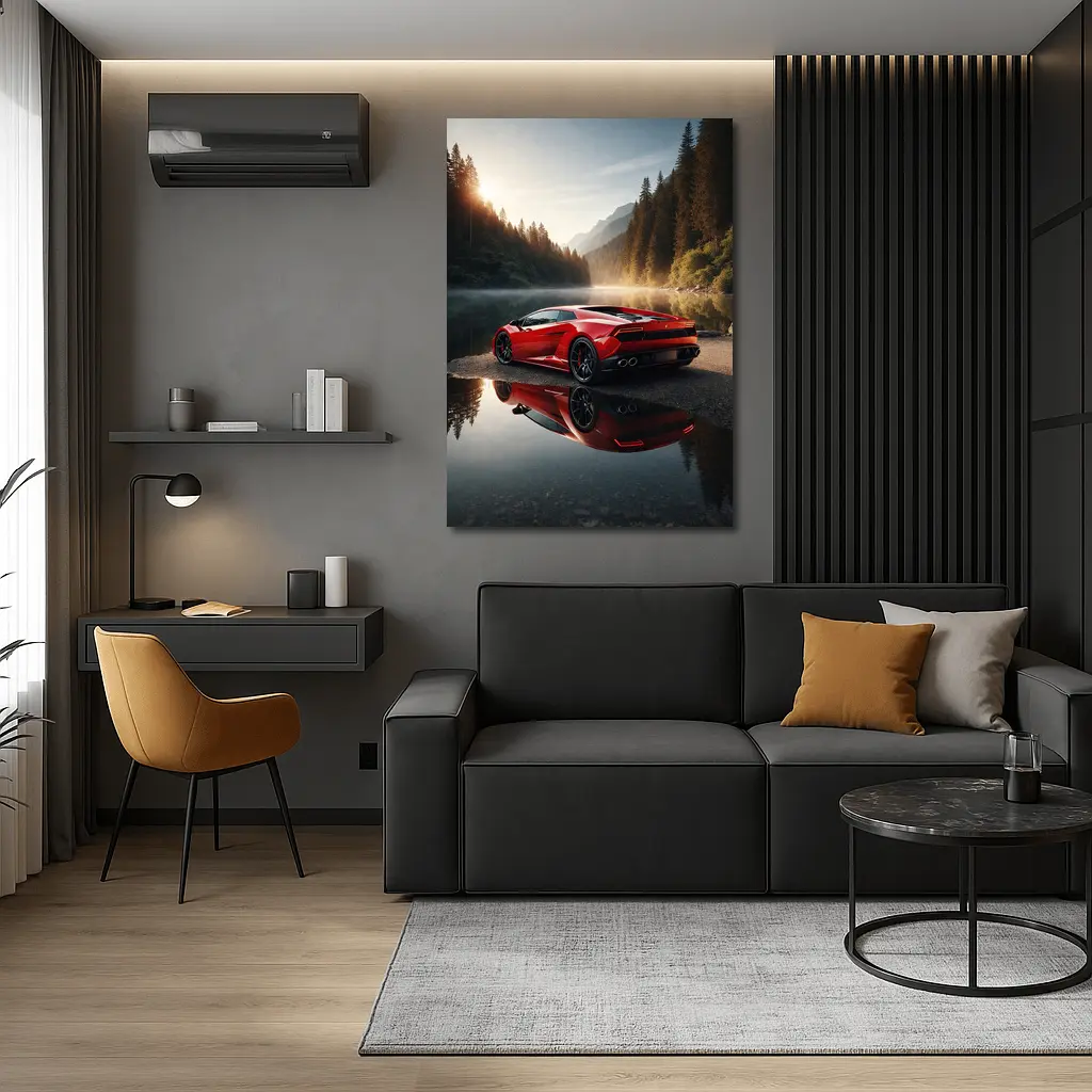 Red Lamborghini Huracan Forest Lake Reflection – Wall Art