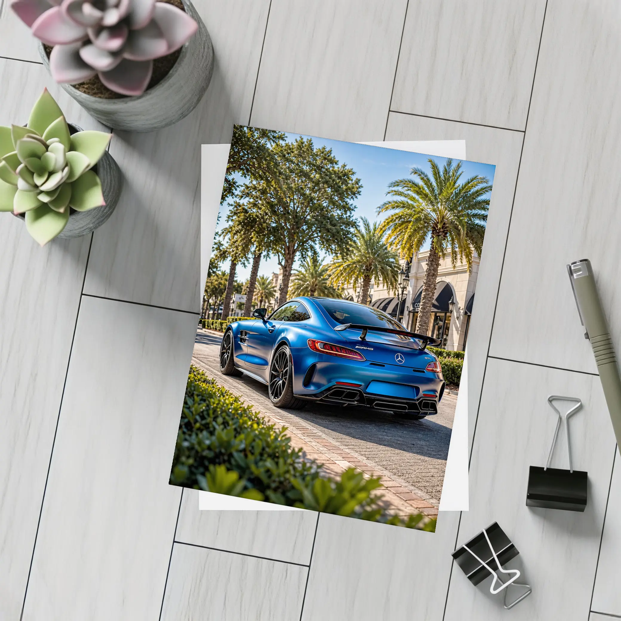 Mercedes AMG GT Blue Palm Tree Street – Postcards