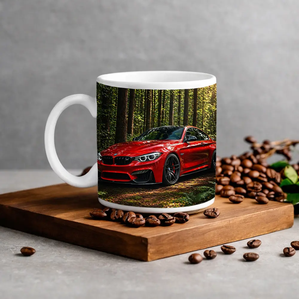 Red BMW M4 Parked In Forest – Mugs