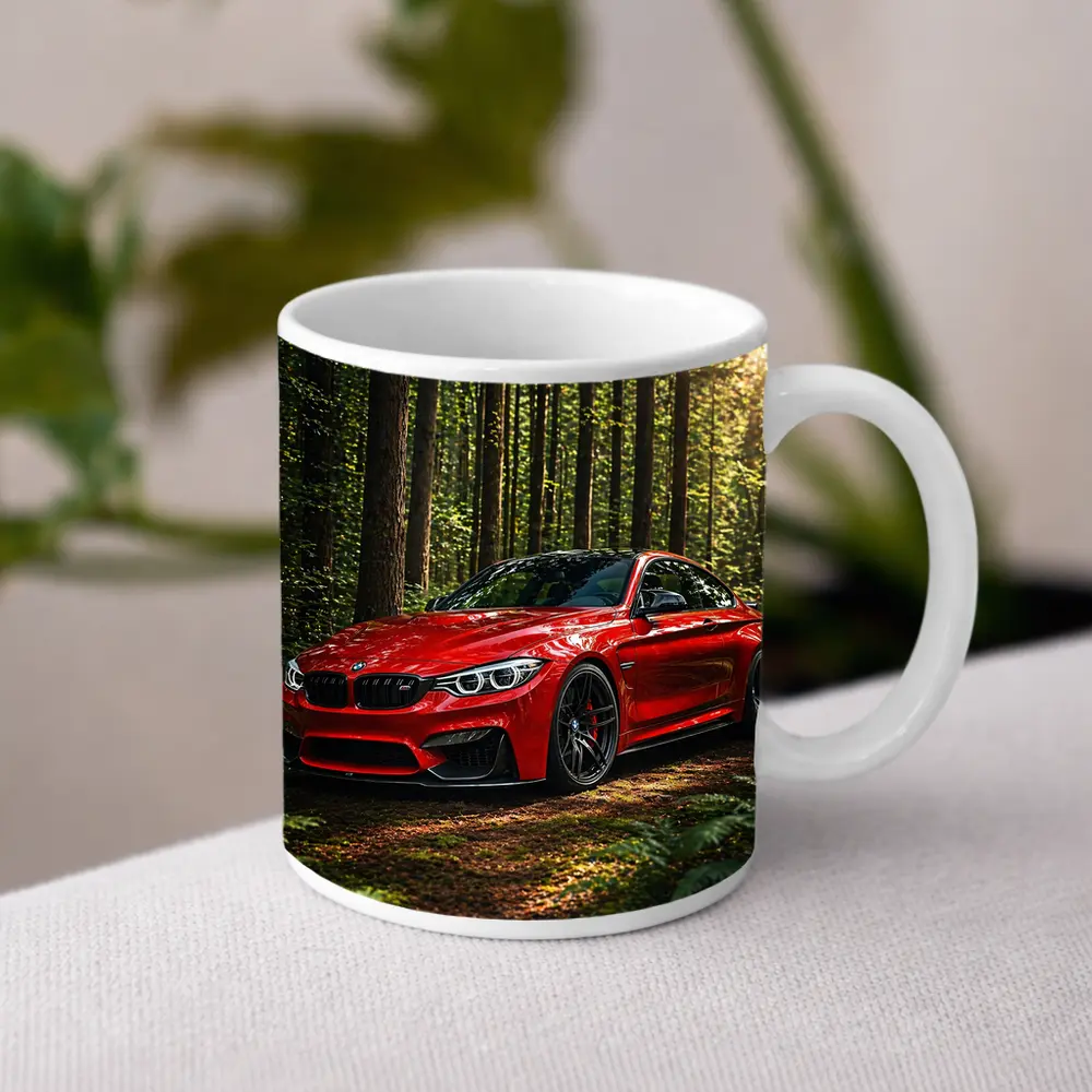 Red BMW M4 Parked In Forest – Mugs