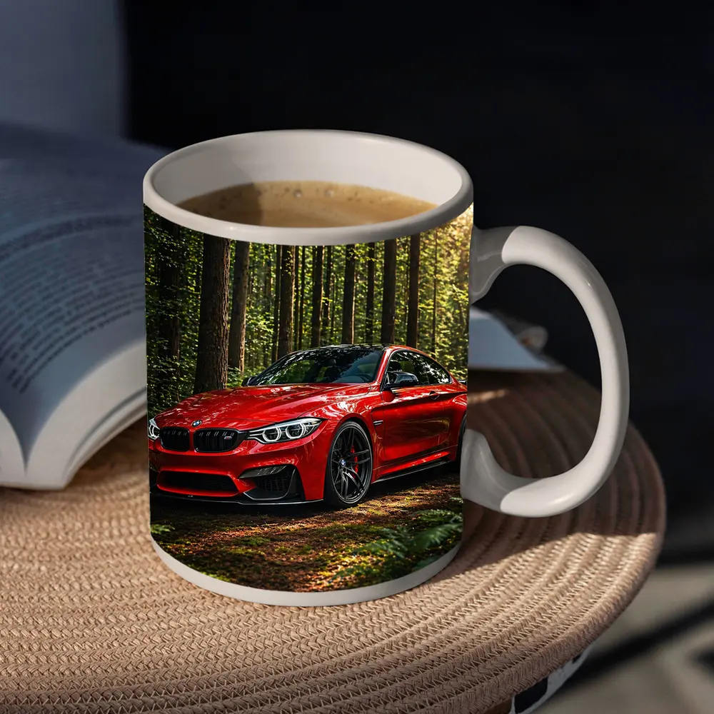 Red BMW M4 Parked In Forest – Mugs