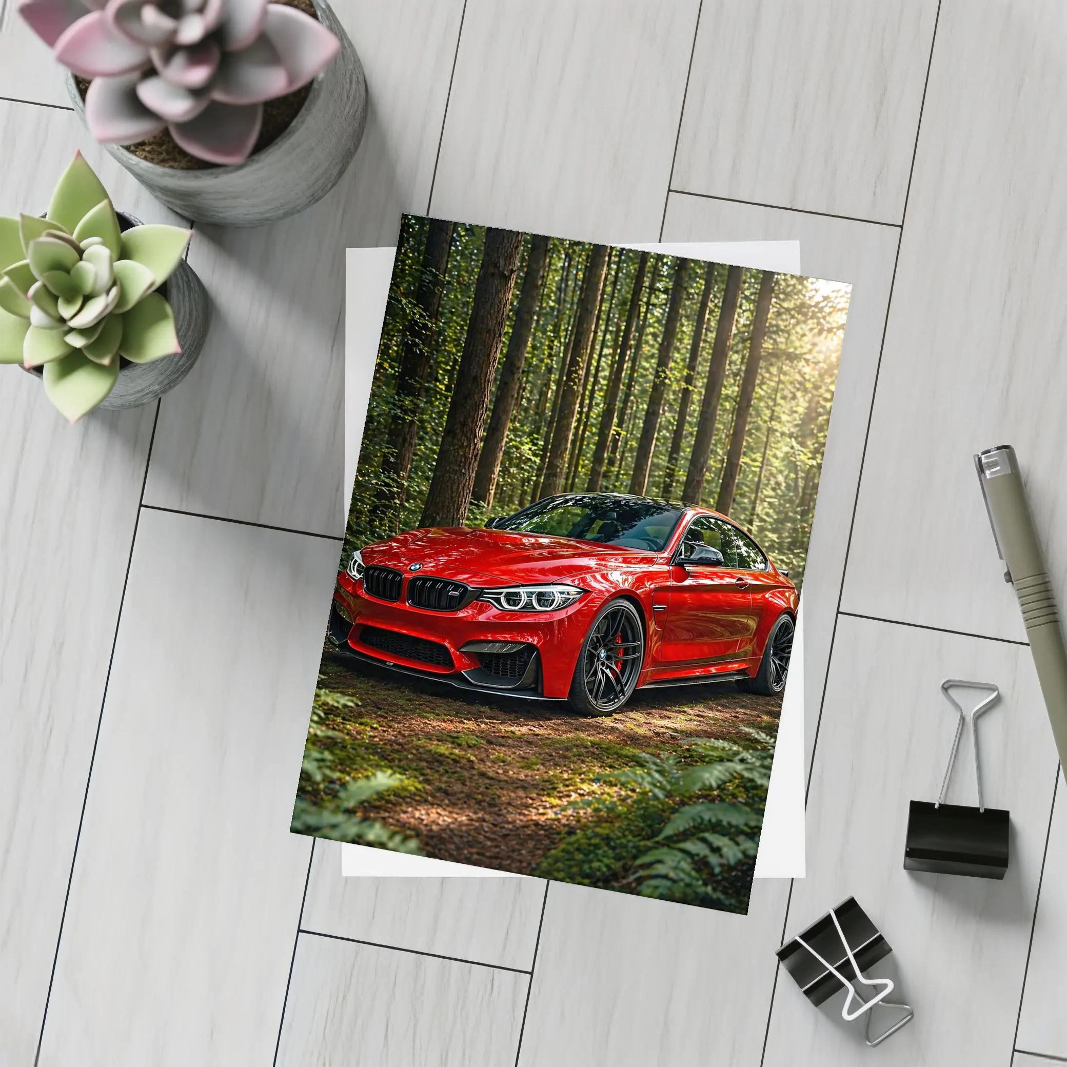 Red BMW M4 Parked In Forest – Postcards