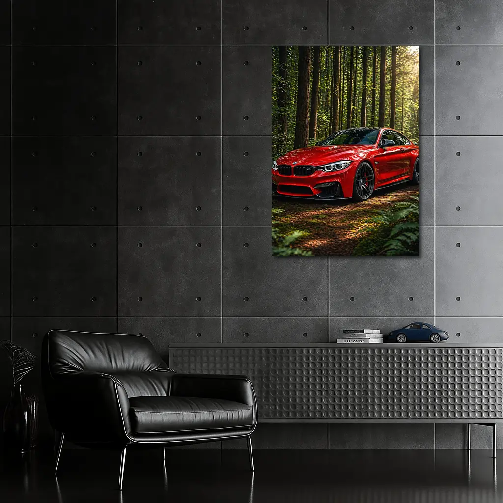 Red BMW M4 Parked In Forest – Wall Art