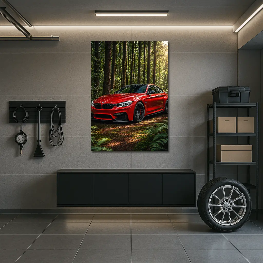 Red BMW M4 Parked In Forest – Wall Art