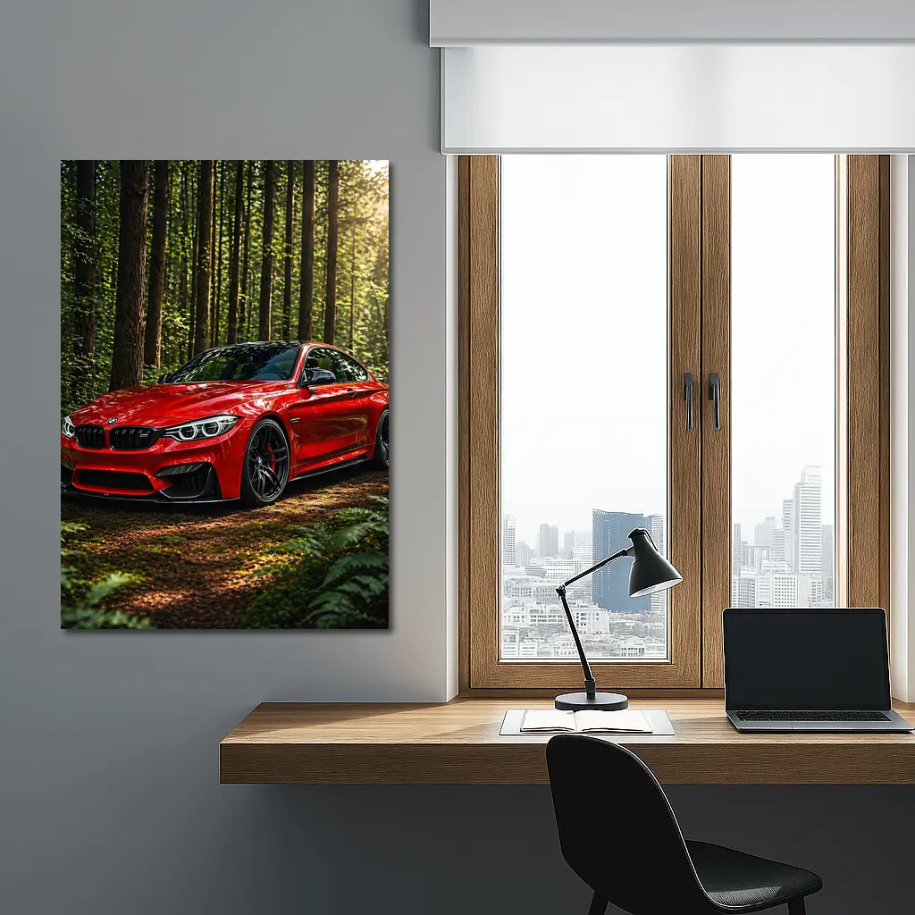 Red BMW M4 Parked In Forest – Wall Art