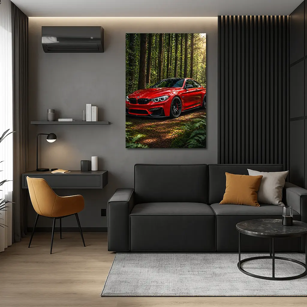 Red BMW M4 Parked In Forest – Wall Art