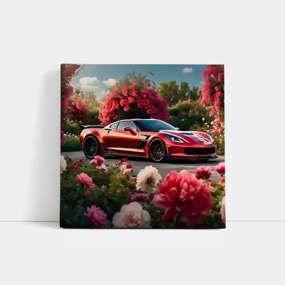 Red Chevrolet Corvette Z06 Among Pink Roses – Wall Art