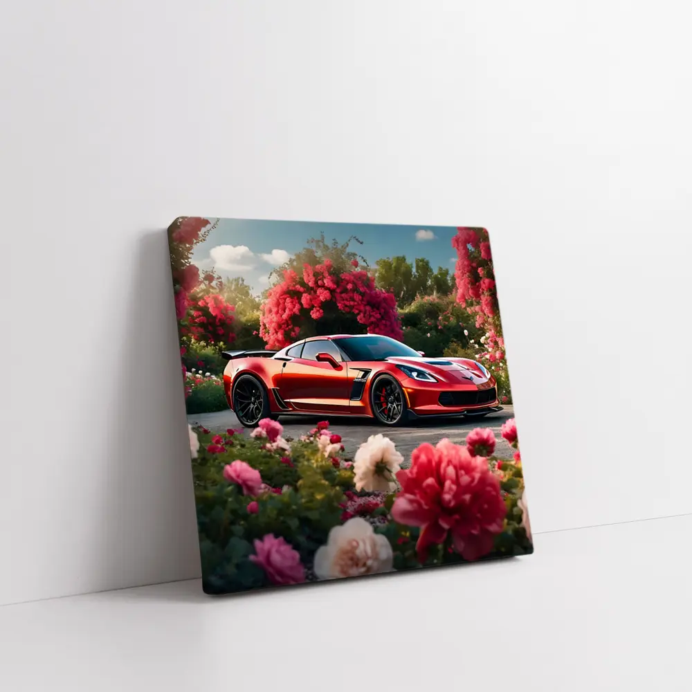 Red Chevrolet Corvette Z06 Among Pink Roses – Wall Art
