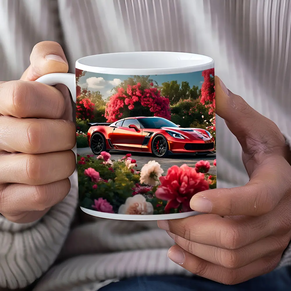 Red Chevrolet Corvette Z06 Among Pink Roses – Mugs