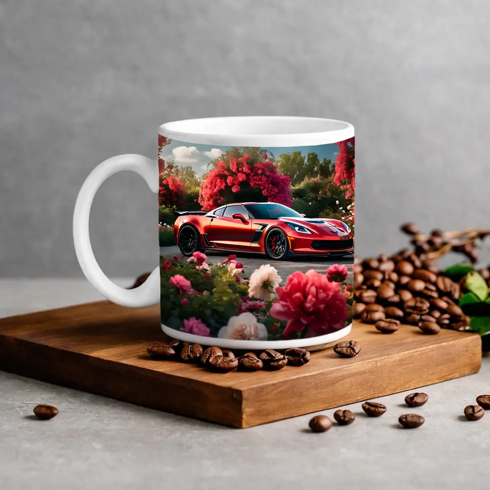Red Chevrolet Corvette Z06 Among Pink Roses – Mugs