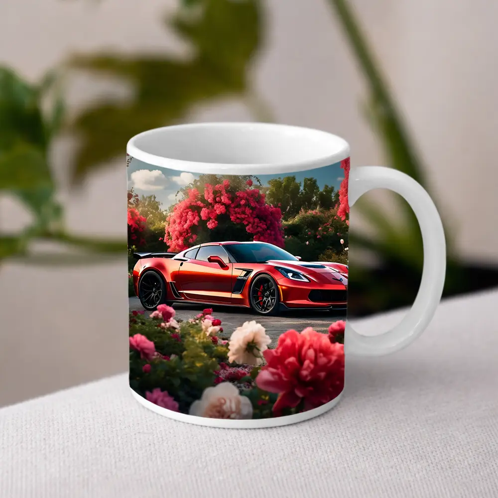 Red Chevrolet Corvette Z06 Among Pink Roses – Mugs