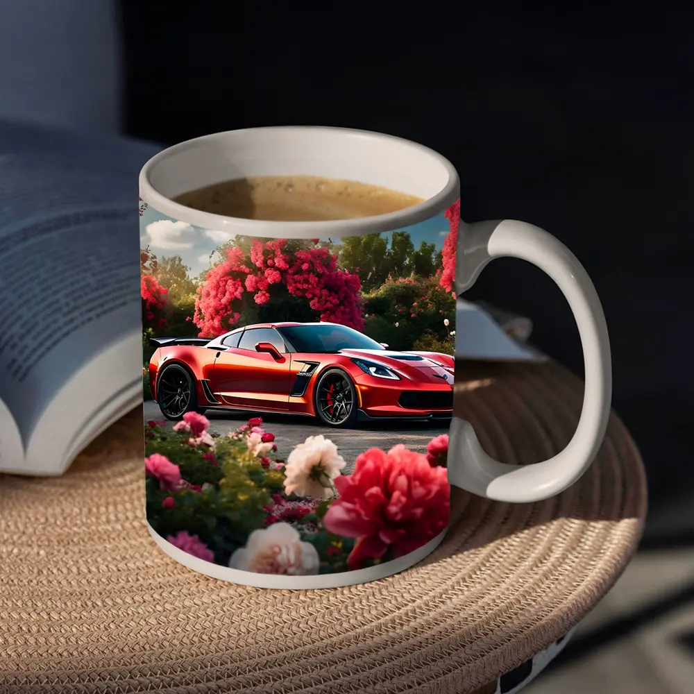 Red Chevrolet Corvette Z06 Among Pink Roses – Mugs