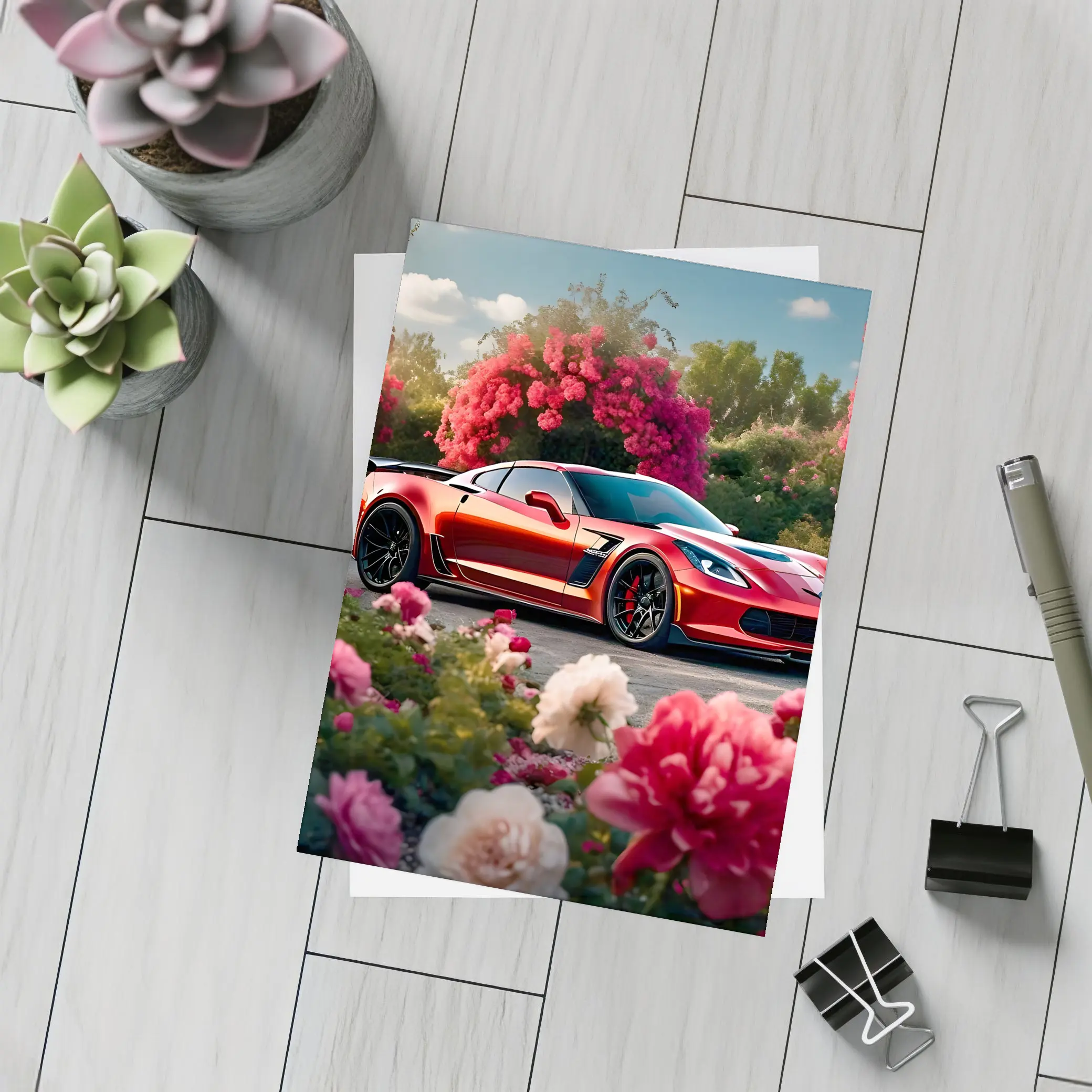 Red Chevrolet Corvette Z06 Among Pink Roses – Postcards