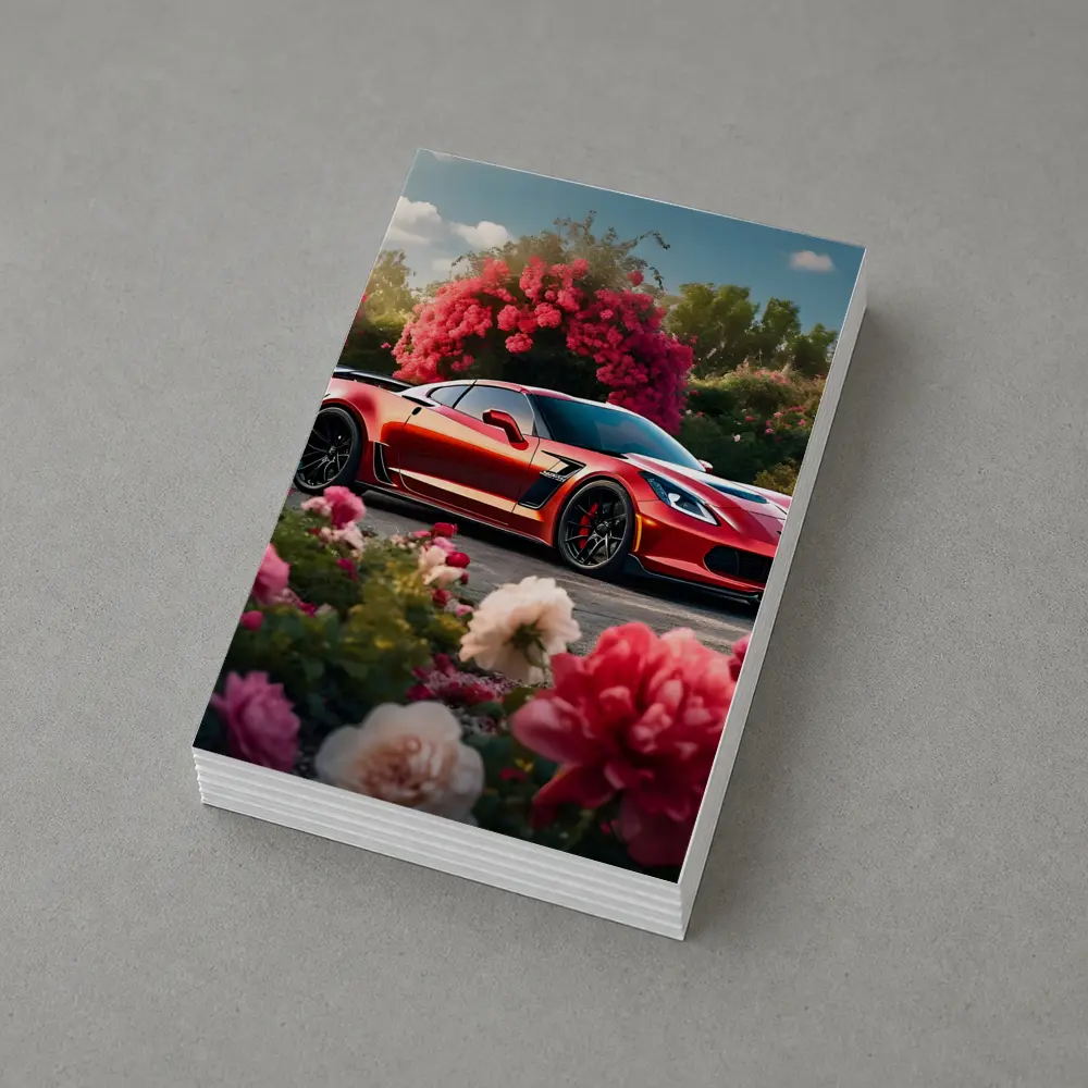 Red Chevrolet Corvette Z06 Among Pink Roses – Postcards