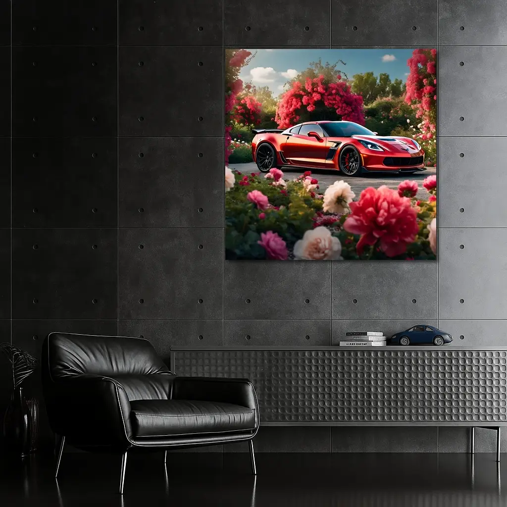Red Chevrolet Corvette Z06 Among Pink Roses – Wall Art