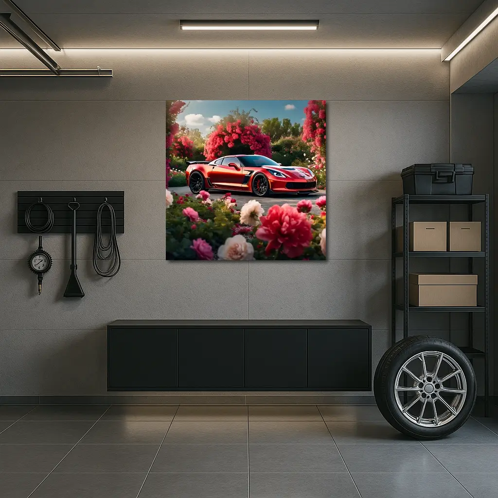 Red Chevrolet Corvette Z06 Among Pink Roses – Wall Art