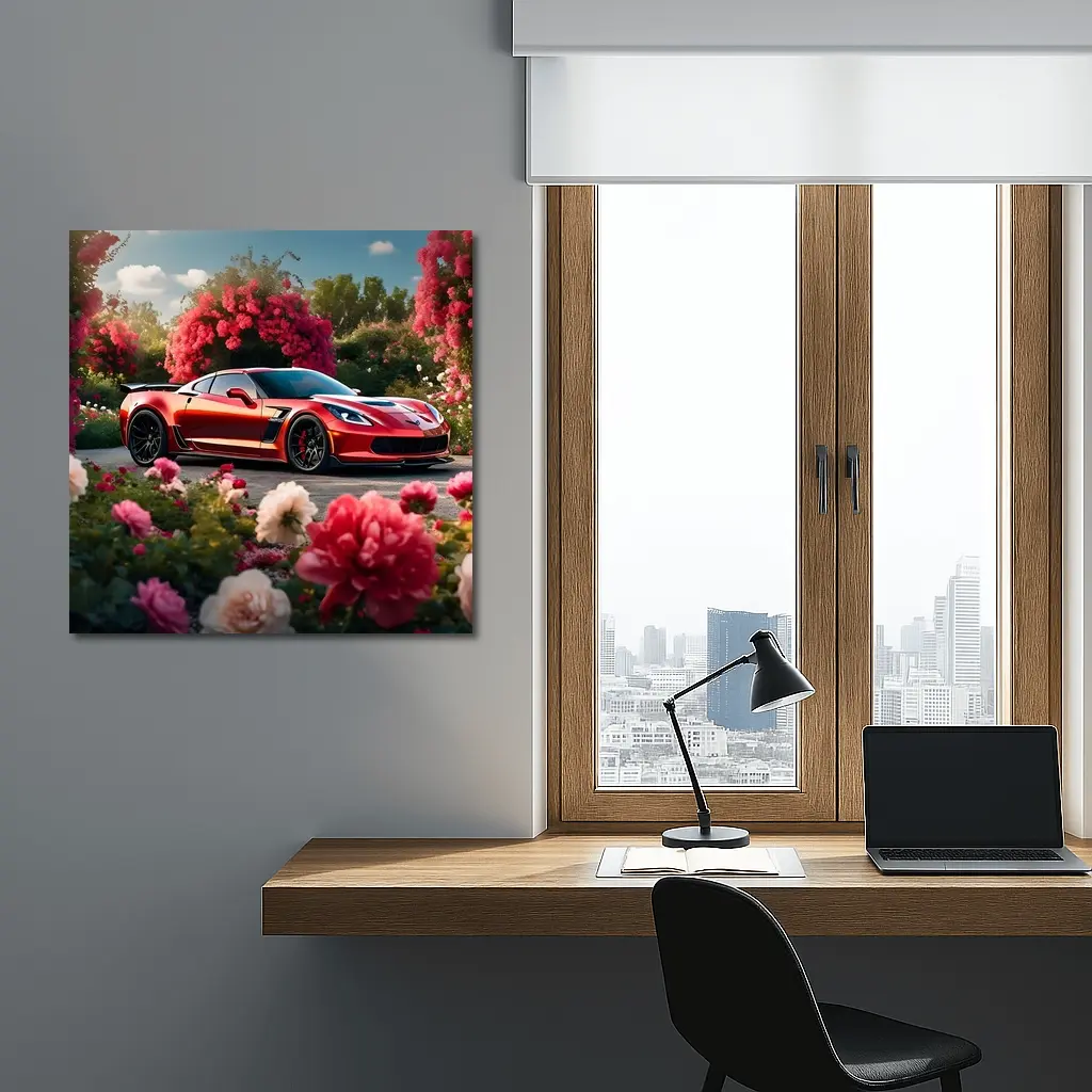 Red Chevrolet Corvette Z06 Among Pink Roses – Wall Art