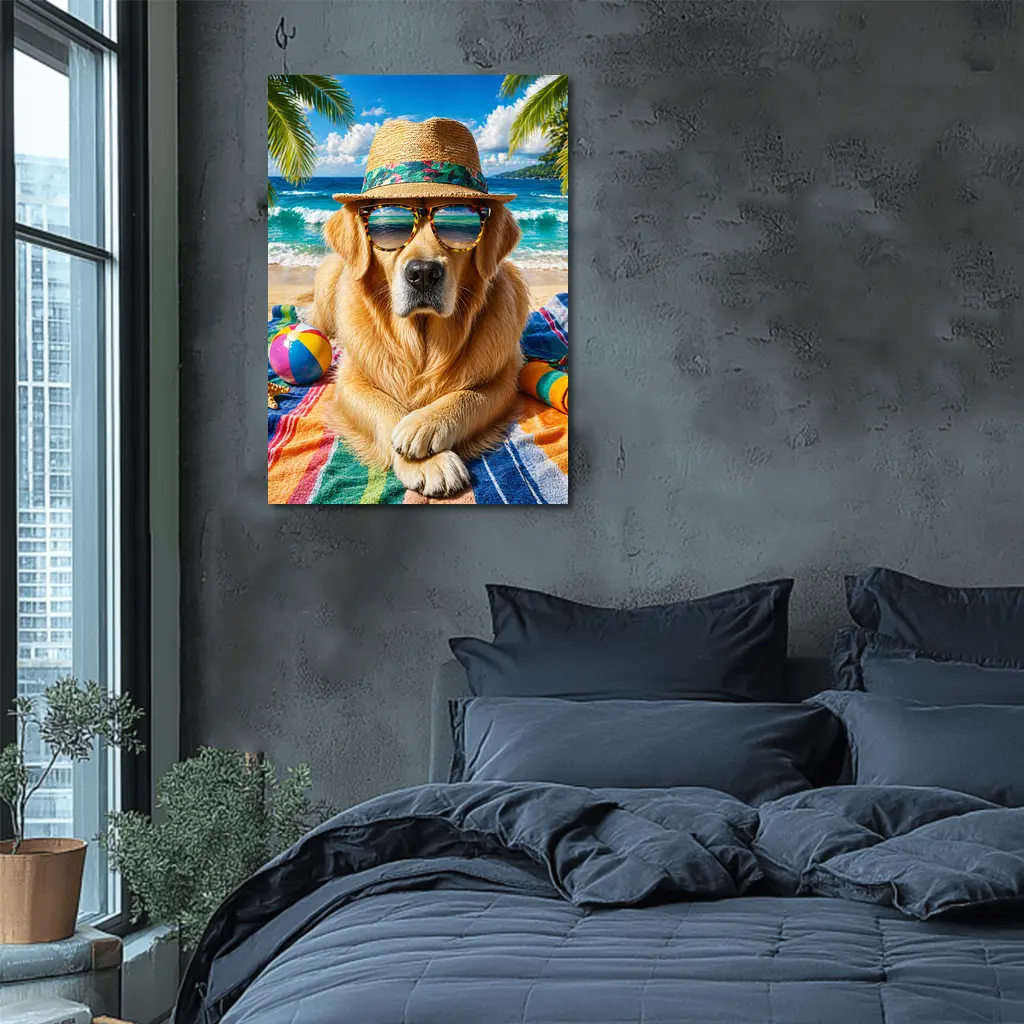 Golden Retriever Wearing Sunglasses on Beach – Wall Art