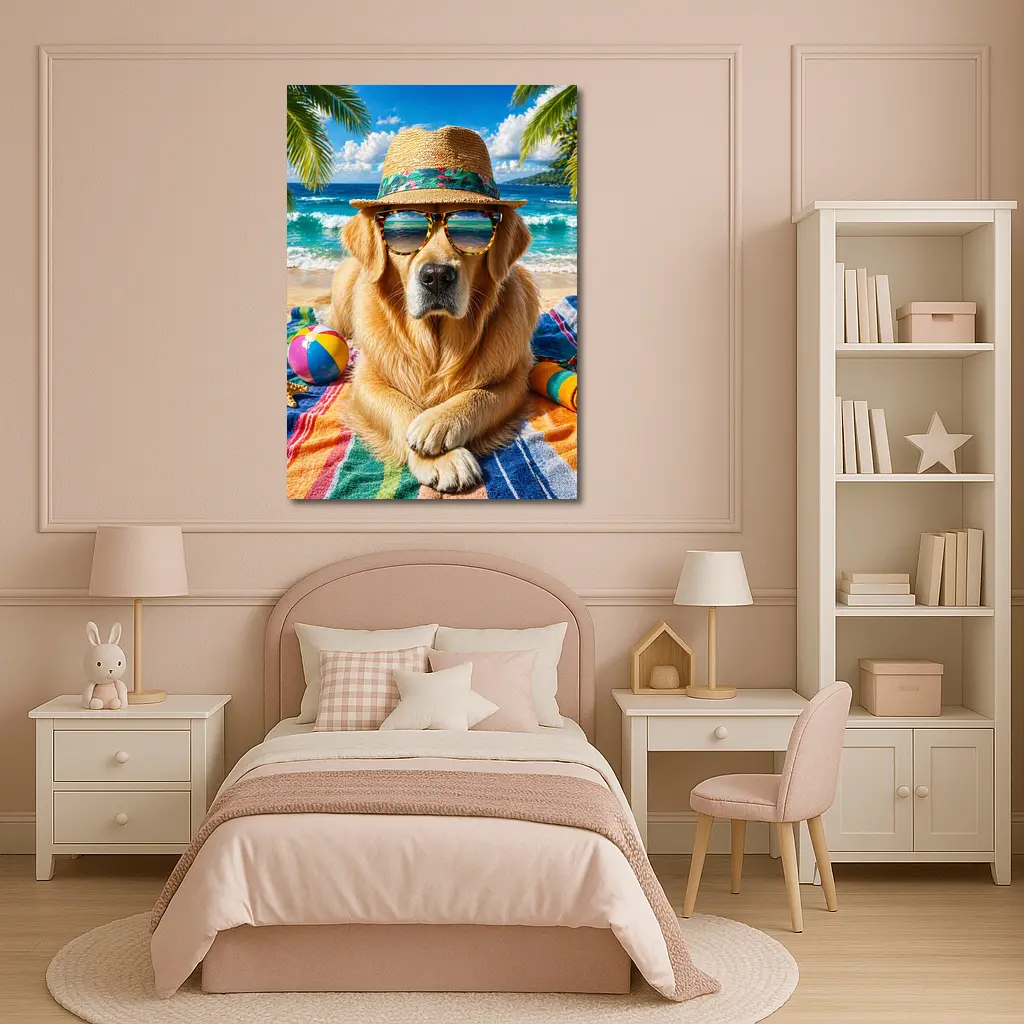 Golden Retriever Wearing Sunglasses on Beach – Wall Art