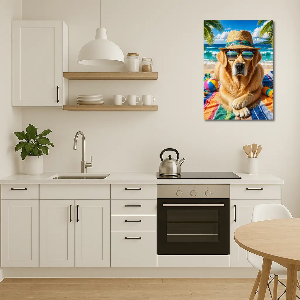 Golden Retriever Wearing Sunglasses on Beach – Wall Art