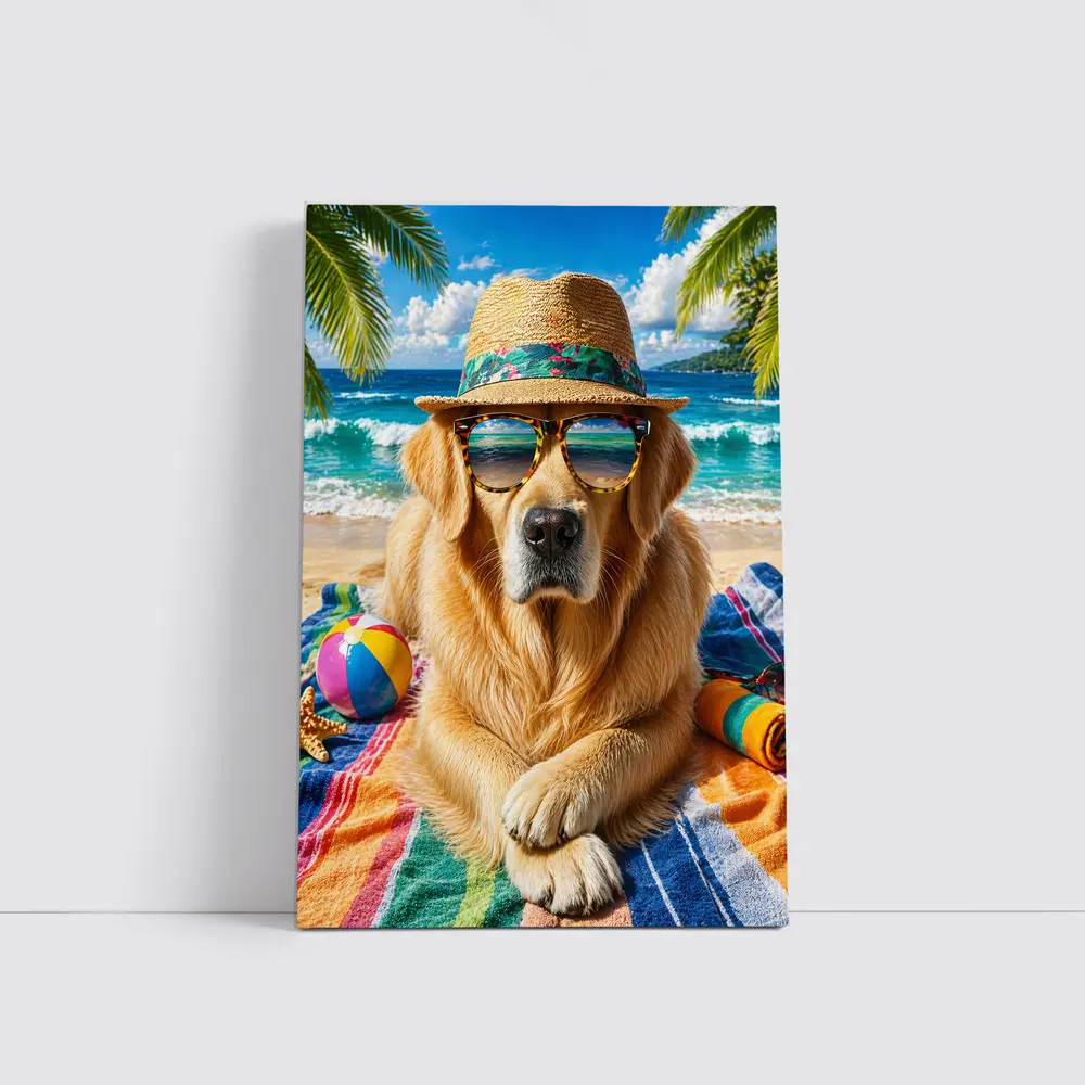 Golden Retriever Wearing Sunglasses on Beach – Wall Art